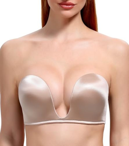 DotVol Damen Trägerloser BH Push Up Tief U Bra Gepolstert Rückenfrei Bra mit Abnehmbare Träger unsichtbar Multiway BH(80B,Beige)