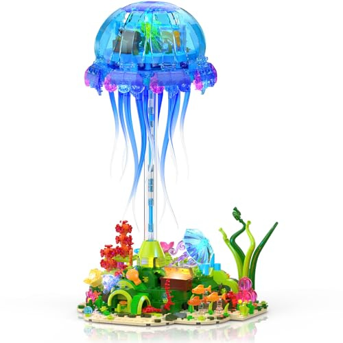 Brihappen Ensemble de construction de méduses avec lumières LED, lampe flottante pour décoration d'intérieur, modèle de collection d'animaux de l'océan avec corail et algues, cadeau créatif pour