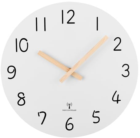 Plumeet Analoge Funk-Wanduhr, 25cm Rahmenlose Hölzerne Wanduhren mit Leisem Quarzwerk, Rustikale Landhaus-Walnuss-Uhren Dekorativ für Schlafzimmer Wohnzimmer, Nur für DE