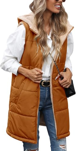 Tuopuda Chaleco Acolchado Mujer con Capucha Chaqueta de Larga Sin Mangas con Cremallera Cálidos Chaleco de Forro polar Invierno Outwear con Bolsillos