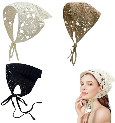 XHYASD Foulard, Lot de 3 Bandeaux Bohèmes pour Femmes, Travail Au Crochet Fait Main, Foulards Triangulaires, Couvre-chef D'été, Bandeau Élastique pour Femmes et Filles
