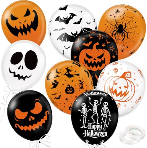 DPKOW 54 x Halloween Globos, Calabaza Fantasma Telaraña Calavera Globos de Látex para Decoraciones Halloween Espeluznante, 9 Estilos Impresión a Doble Cara Globo Negro Naranja Blanco