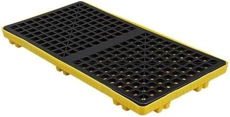 Robust, modulär uppsamlingsbricka med dräneringsbehållare – 120 x 60 x 10 cm stor, gul-svart randig uppsamlingsplattform för enkel rengöring och kontroll av olje-/vattenföroreningar.