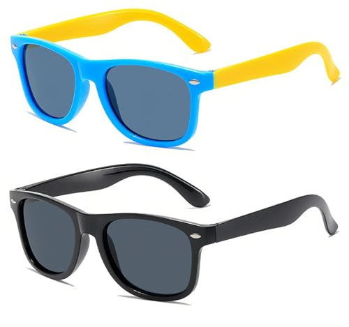 ZPQJV 2 Paia di Occhiali Sole Bambino Flessibili, Occhiali da Sole Polarizzati per Spiaggia, Scuola, Festa (Nero, Giallo, Blu)