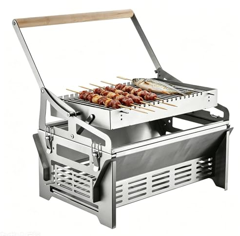 Bärbar 360° roterande kolgrill med fällbar korg | manuell push-pull automatisk fällbar kolgrill, avtagbar bärbar kolgrill för picknick, trädgårdsfest