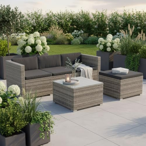 Juskys Gartenmöbel Set M – Punta Cana Polyrattan Lounge Möbel für 3–4 Personen mit Sofa, Sessel, Tisch & Kissen, wetterfeste Balkonmöbel für Garten & Terrasse – Grau-meliert