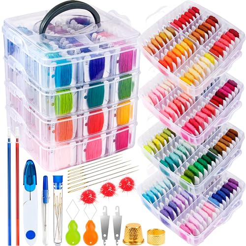 Set di 238 fili da ricamo composto da 200 colori da 8 m per punto croce, filo da cucito con cestini e 38 attrezzi per punto croce, scatola trasparente a 4 ripiani per riporre oggetti