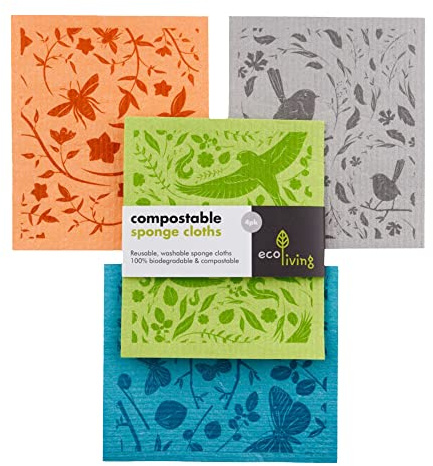 EcoLiving Compostable Sponge Cleaning Cloths - Dishcloth - Eco Friendly & Sustainable Biodegradable Cellulose Sponge Cloths - Kitchen Cleaning Cloth (Garden Print)