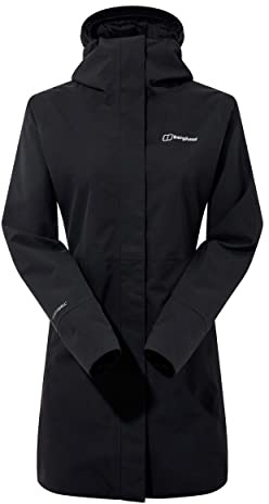Berghaus Women's Omeara Long Length Waterproof Shell Jacket | Adjustable Fit | Two-Way Zip Waterproof Jacket, Black/Black, 12