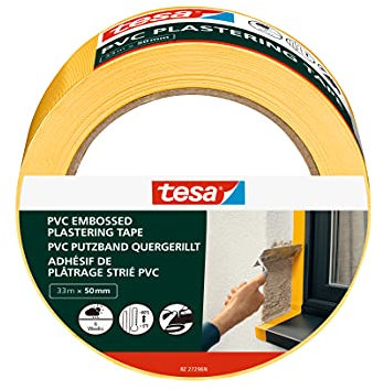 tesa Putzband PVC mit Prägung - Putzklebeband mit hochwertigem PVC-Trägermaterial, von Hand einreißbar - zum Schutz beim Verputzen im Außenbereich - gelb - 33 m x 50 mm
