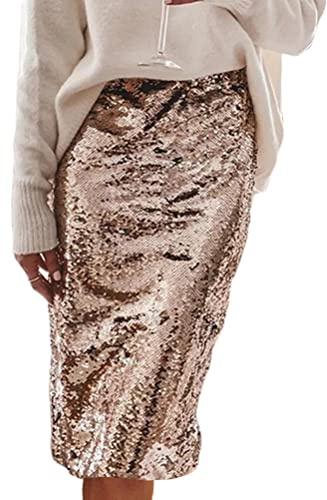Minetom Donne Gonna A Tubino con Paillettes Alta Vita Glitter Bodycon Gonne Midi Gonna da Cocktail Club Festa Sera Skirt B Oro L