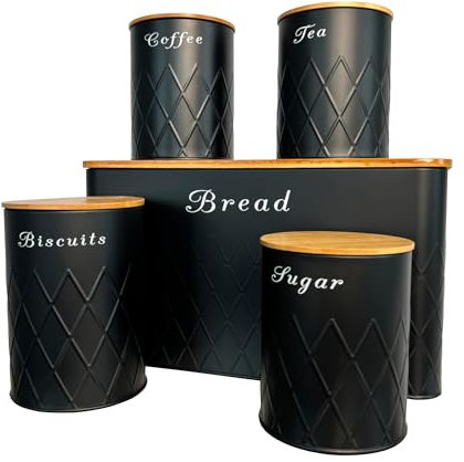 Oypla 5pc Black Bamboo Lid Kitchen Canister Storage Tin Set Bread Biscuits Tea Sugar Coffee