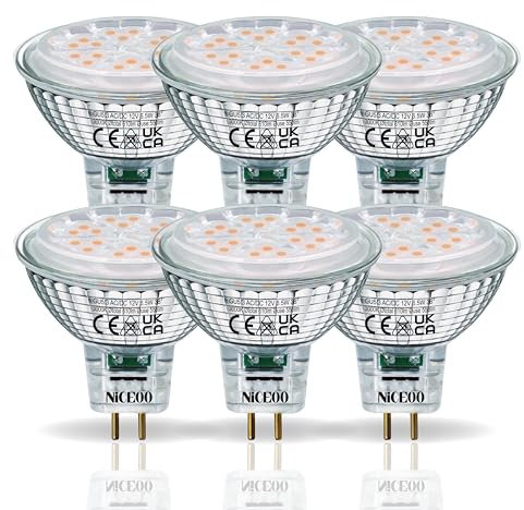 NICEOO GU5.3 6.5W Lampadine LED equivalente 50W Alogena, MR16 lampada Bianco Caldo 3000K, 610LM, AC/DC 12V, Faretti Senza Sfarfallio Lampadina, Angolo a Fascio 38°, Non dimmerabile, Confezione da 6