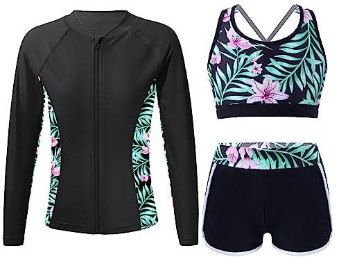 dPois Anti UV Enfant Fille Maillot de Bain 3 Pièces T-Shirt Rashguard Manche Longue Débardeur Short de Plage Sport Natation Tankini Ado Vacances 7-16 Ans A Lys 13-14 Ans