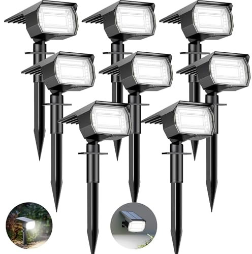 btfarm Lot de 8 Spot Solaire Exterieur, 72 LED Lampe Solaire Etanche IP65, Lumiere Solaire avec 3 Modes d'Éclairage, Réglable 120° Projecteur Solaire Extérieur pour Jardin Allée Chemin Blanc Froid