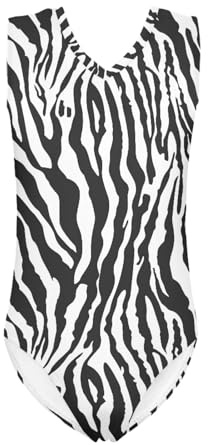 QWEFVB Body da Ginnastica per Bambine, Outfit Senza Maniche, Tuta in Un Pezzo per Danza, Stampa Tigre, Motivo zebrato., 7-8 Years