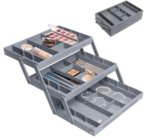 3 Tier Drawer Organizer, Folding Smart Drawer Organiser Multi Level Expandable Drawer Organizer Makeup Drawer Shallow Organizer Tray for Makeup Jewelry Office Supplies