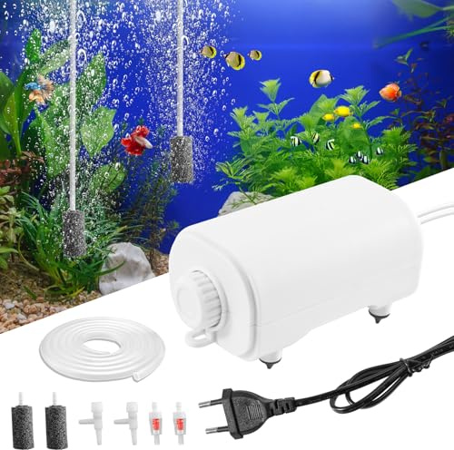 Tulov Akvariumluftpump, justerbar luftpump, 400 l/H syrepump, 3,5 W dubbel akvarieluftpump, utgångar, luftventil, luftpumpsats med akvarietillbehör för akvarier upp till 200 l