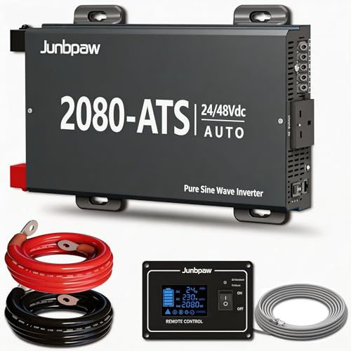 Junbpaw 2080W Pure Sine Wave Power Inverter 24/48V to 230V with ATS | 24/48V Auto Detection, 4000W Surge, 10W Idle, up to 93% Efficiency, LCD Remote – for Motorhome, Caravan, Solar & Off-Grid