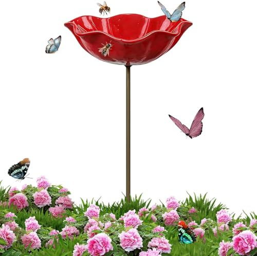 RuiDay Bain Oiseaux Exterieur Artisanal Fleur, 15X60CM, Métal Abreuvoir Oiseaux Sauvages sur Pied, Mangeoire y Baignoire Abeilles Decoratifs pour Jardin (3, Rouge)