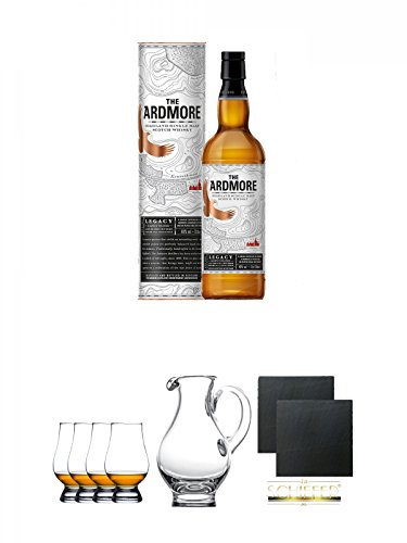 Ardmore Legacy Single Malt Whisky 0,7 Liter + Glencairn Glas Whiskyglas Stölzle 4 Stück + Wasserkrug Half Pint Serie The Glencairn Glass Stölzle + Schiefer Glasuntersetzer eckig ca. 9,5 cm Ø 2 Stück