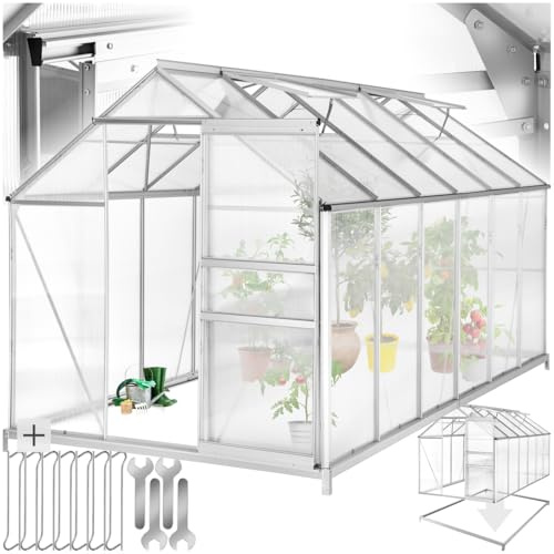 tectake® Serra da Giardino con Telaio in Alluminio Anodizzato, Serra per Orto con Lastre Termoisolanti, Serra con Porta Scorrevole, Finestra a Tetto per Ventilazione, Base Stabile, 375x185x195 cm