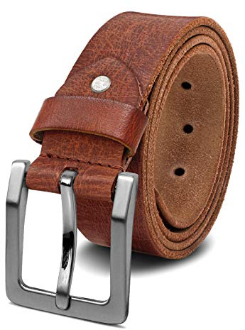 ROYALZ Cinturón para Hombres Cuero de Búfalo Robusto 4 mm para los vaqueros traje casual de ancho, tamaño:Talla de cintura 115 cm = Longitud total 130 cm, Color:Coñac Marrón - hebilla cepillada