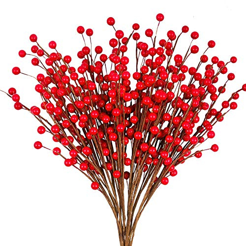 GREENTIME 12 Pack Artificial Red Berry Stems 14 Fake Holly Berry Picks for New Year Holiday Christmas Tree DIY Wreath Crafts Vase Fireplace Home Decor