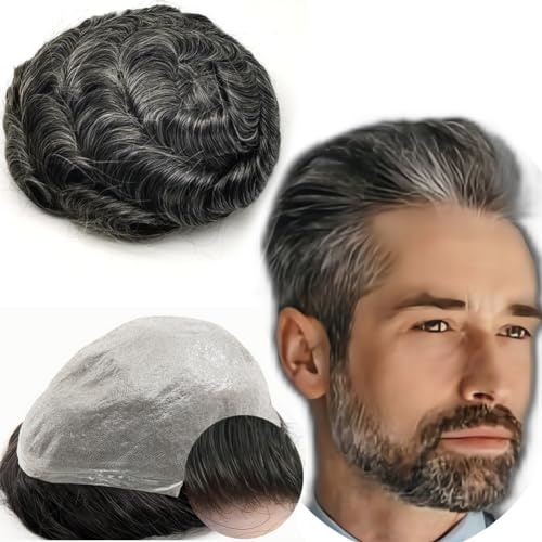 Protesi Capelli Uomo Yanahair Toupee per Uomini Parrucchini Parrucca Capelli Veri Uomo Parrucche 100% Europeo Capelli Umani Veri 0.04mm V-loop PU pelle sottile Toupet 8x10”,#1B40 nero e grigio
