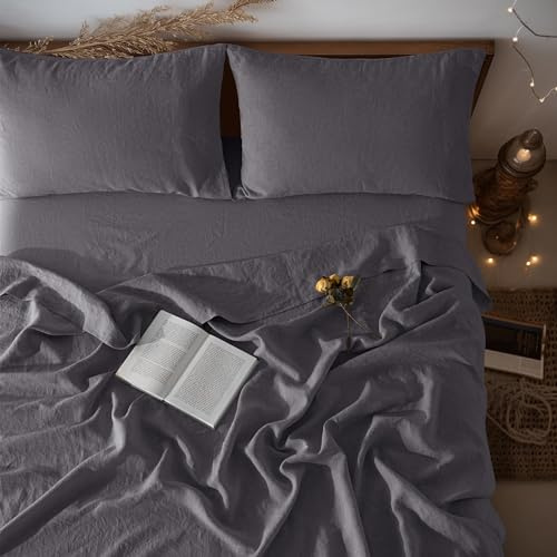 LBRO2M 100% Linen Sheet Set Queen Size, Bed Sheets 4 Piece Sets, Solid Color Natural Flax Bed Sheets Soft Breathable Bedding,16 Deep Pocket,All Season (Queen, Dark Grey)