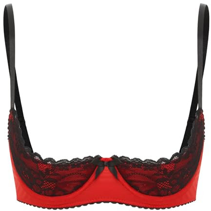 FEESHOW Womens Contrast Lingerie Underwear Spaghetti Straps Underwire Half Cup Push Up Balconette Red M