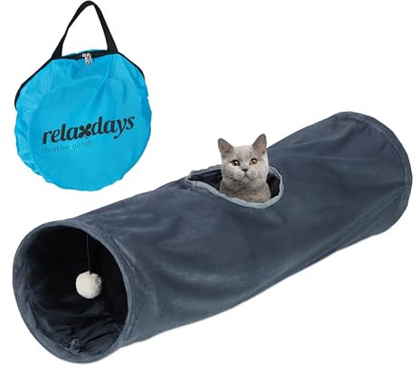 Relaxdays Katzentunnel, weiches Plüsch, mit Spielball, Faltbare Katzenröhre, B x D: 88 x 25 cm, Spieltunnel, grau