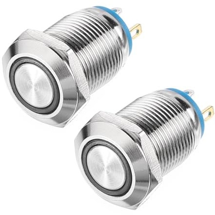 QUARKZMAN Interrupteur à Bouton-Poussoir en Métal à Verrouillage 12 mm de Diamètre de Montage 1No 3-6V avec Voyant Led Bleu, Tête Plate, Lot de 2