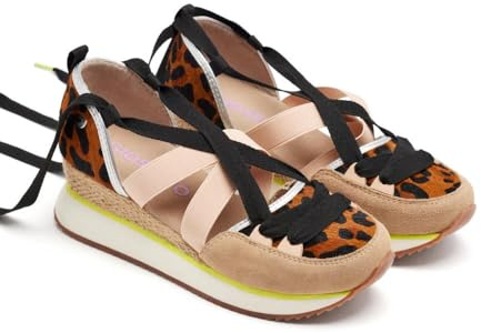GIOSEPPO Sneakers aperte Pelle Leopardo E Zeppa Rafia Ludlow, Leopardato, 37 EU