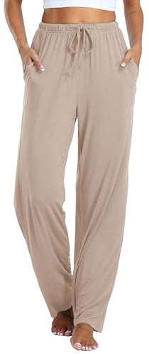 Vlazom Mujer Pantalones de Pijama Largo, Suave Modal Lounge Pantalones de pierna ancha Casual Inicio Pantalones con bolsillos (L,Nude)