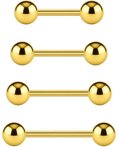 14K Gold Plated Tongue Rings For Women 14g Set - 4pcs 316LVM Surgical Steel Gold Tongue Ring For Tongue Piercings And Snake Eyes Piercing Tongue Piercing Jewelry 10mm (3/8), 12mm (1/2), 14mm (9/16), 16mm (5/8)