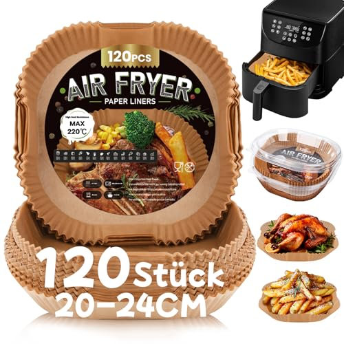 120 Stück Backpapier für Heißluftfritteuse,20-24CM Airfryer Backpapier Antihaft Wasserdicht Ölfest Einwegschalen Luftfritteuse Pergamentpapier Liner Kompatibel mit COSORI Philips Cecotec Russell Hobbs