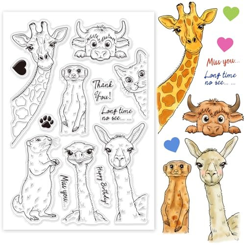 GLOBLELAND Lustig Transparente Stempel Mit Verschiedenen Tierköpfen Giraffe Katze Kuh Strauß Alpaka Murmeltier Silikon Stempelsiegel Cartoon Tiere Transparente Stempel Für DIY Scrapbooking Fotoalbum