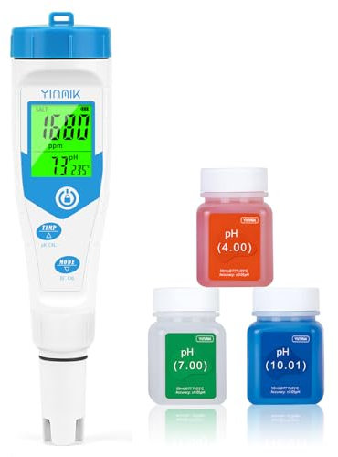 Piscinas Medidor de Salinidad Digital 5 en 1, Medidor de pH, TDS, EC y Sal con Solución de Calibración pH, Visualización Simultánea de Sal y pH para Piscinas de Agua Salada, Acuarios, SPA, Hidroponía