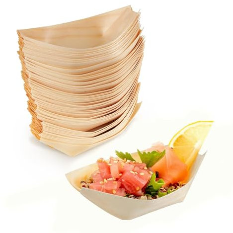 HUATEEN Platos de Bambú en Forma de Barco,50 PCS 7 Platos de Madera para Barcos Bandejas para Servir Vajilla Desechable Cuenco para Aperitivos Cuenco para Alimentos con Dedos Currywurst Pommes Sushi