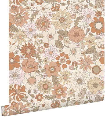 papier peint fleurs rétro terracotta et beige clair 53 cm x 10.05 m - ESTAhome