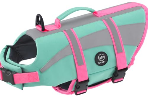 EMUST Dog Life Vests, Adjustable Dog Life Jacktets for Boat, High Visibility Life Vests for Dogs, Medium Dog Life Jacket Safety Swimsuit, NewTurquoise, M