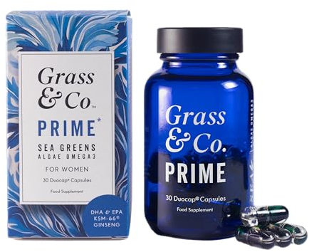 Grass & Co. Prime Sea Greens | Vegan Omega-3 DHA & EPA | Algae-Based Supplement for Women’s Health & Wellness | 30 Capsules | Ashwagandha, Ginseng, Zinc & Vitamins B5, B6, D3, K2
