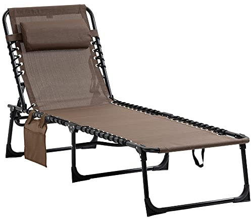 Outsunny Sonnenliege klappbar Gartenliege mit Kopfkissen, Seitentasche, Liegestuhl mit 5-Fach verstellbare Rückenlehne, wetterfeste Campingliege bis 120 kg belastbar, für Garten Strand Pool, Braun