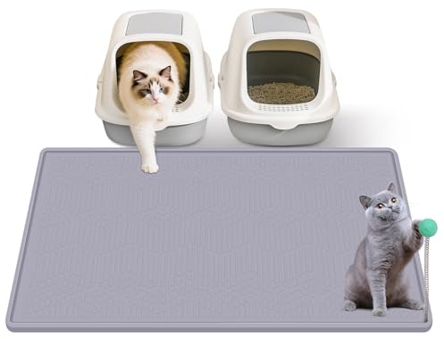 Silicone Cat Litter Mat with Toy, 38x25 Inch Large - Waterproof, Easy Clean Trapping Mat for Kitty Litter Box, Non-Slip Litter Box mat for Hardwood Floors & Carpet Protection (Grey)