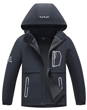 BuyiRen Boys Girls Windbreakers Jacket Rain Jackets Hooded Raincoat Fleece Lined Rain Coats for Kids, Black, 14-16 Years