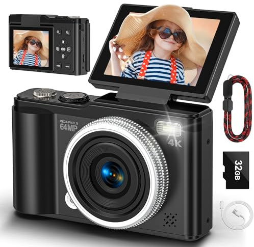Digital camera, 4K 64MP Compact Digital Camera with Autofocus and Macro Function, 180° flip-up screen portable selfie cameras for photography and video with 32GB Micro SD Card for Beginners Teens