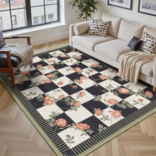 PureCozy vardagsrumsmatta, 140 x 200 cm, blommönster, rutiga, tvättbara mattor för vardagsrum, mjuka, halkfria, kortstaplade sovrumsmatta, matsalsmatta, sovrumsmattor, kontor, svart och vit