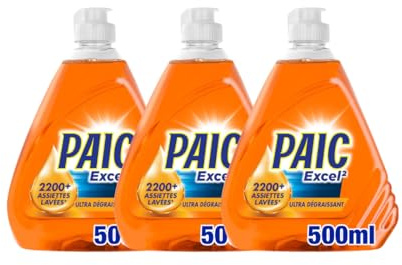 PAIC - Liquide Vaisselle main - Excel² Dégraissant - Formule Active à Froid - Ultra-Dégraissant - 3 x 500 ml