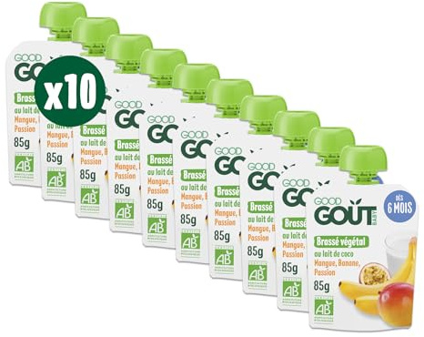 GOOD GOÛT - Brassé Végétal Au Lait De Coco - Dessert Bébé - Dès 6 Mois - Mangue, Banane, Passion - Sans Lactose Ni Protéines De Lait De Vache - Sans Sucres Ajoutés - Format Nomade - 10x85g